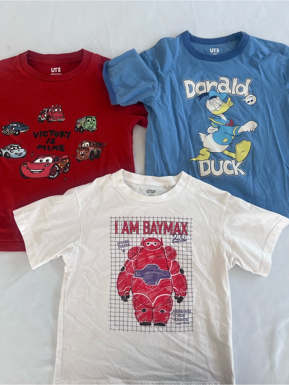 Uniqlo 3-Piece Kids Tee Lot-Bundle — Cars, Baymax, Donald Duck